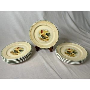 8 Royal Rooster Hand Painted Salad Plates Green Yellow Everyday Gibson Designs